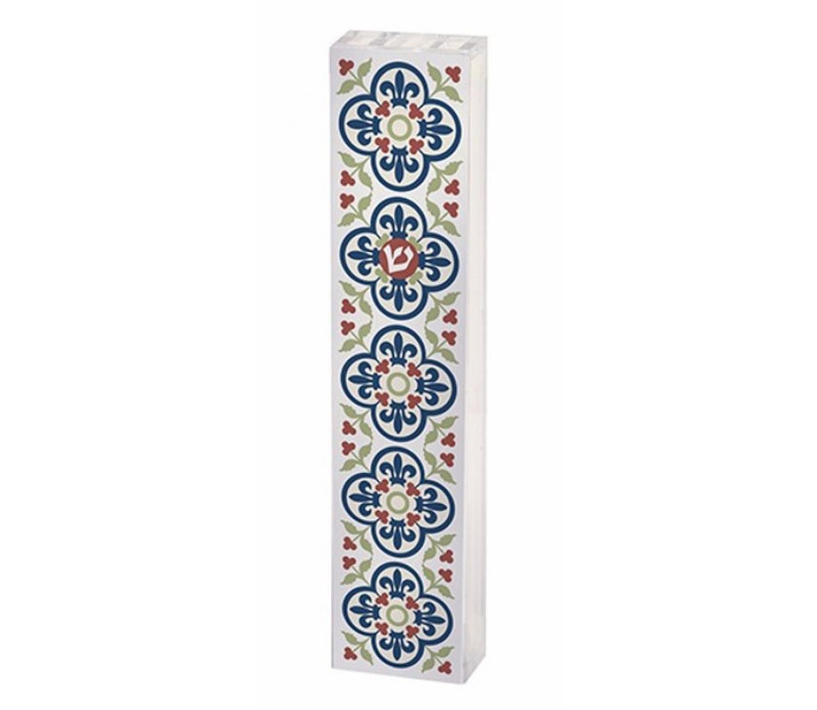 Dorit Judaica Acrylic Mezuzah Case, Blue Fleur de Lys Design