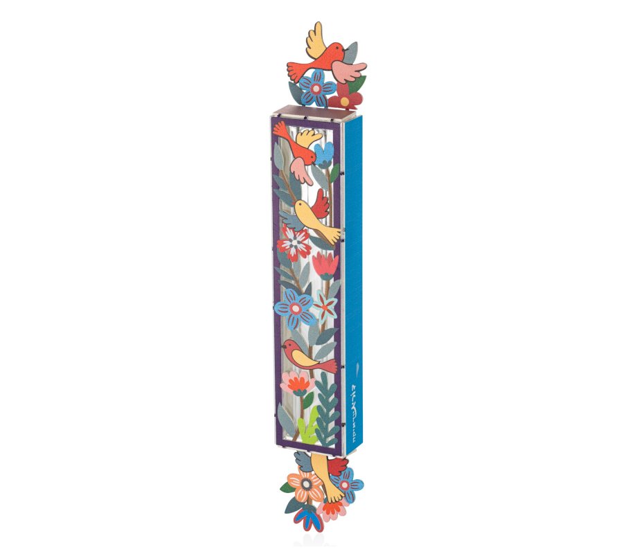 Dorit Judaica Acrylic Mezuzah Case, Colorful Birds and Flowers