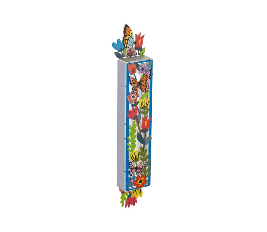 Dorit Judaica Acrylic Mezuzah Case, Colorful Butterflies and Flowers