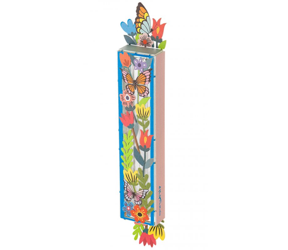 Dorit Judaica Acrylic Mezuzah Case, Colorful Butterflies and Flowers