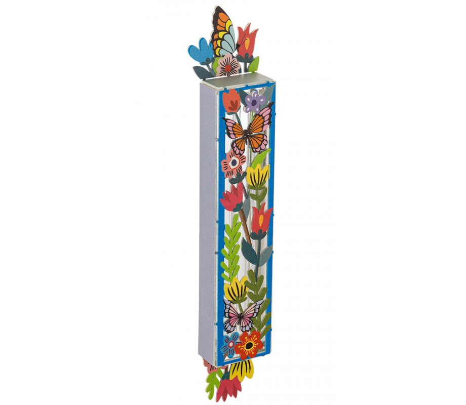 Dorit Judaica Acrylic Mezuzah Case, Colorful Butterflies and Flowers