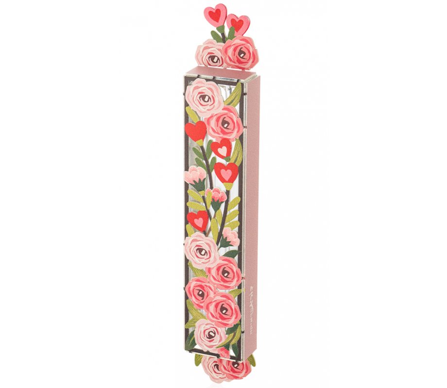 Dorit Judaica Acrylic Mezuzah Case, Pastel Roses and Hearts