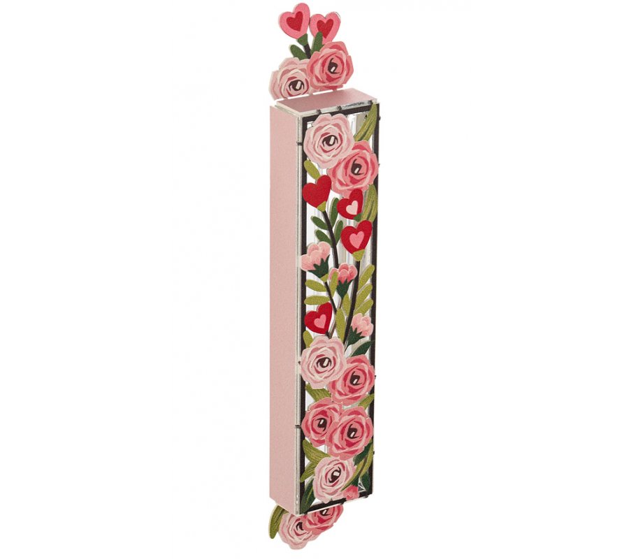 Dorit Judaica Acrylic Mezuzah Case, Pastel Roses and Hearts