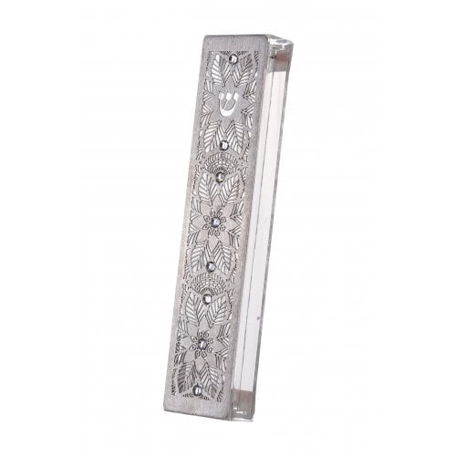 Dorit Judaica Acrylic Steel Mezuzah Case, Cutout Leaf Design - Clear Crystals