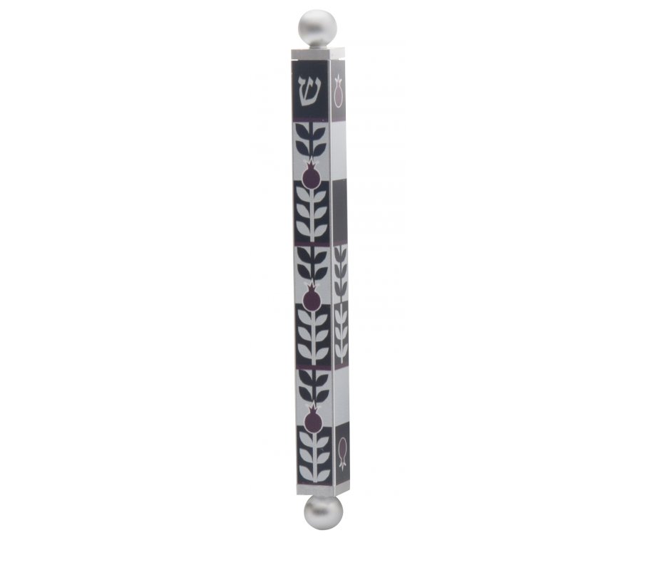 Dorit Judaica Aluminum Mezuzah Case - Black-Red Pomegranates Design