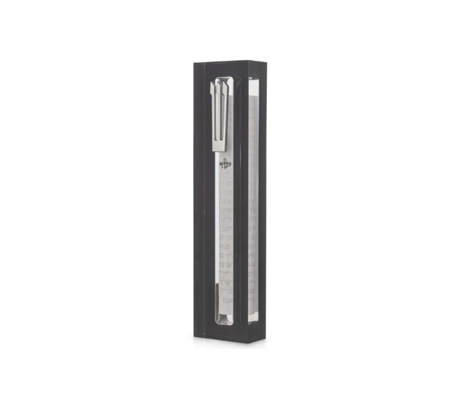 Dorit Judaica Clear Acrylic Mezuzah Case, Dark Gray Frame - Gold or Silver Shin 1 in stock