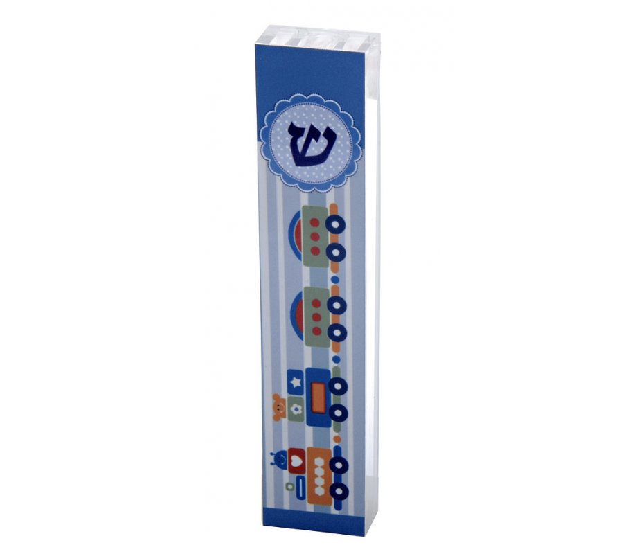 Dorit Judaica Clear Acrylic Mezuzah Case, Lively Blue Train Design