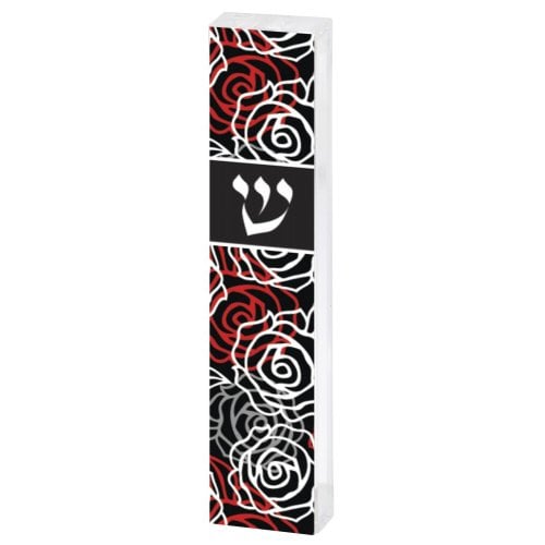 Dorit Judaica Contemporary Style Mezuzah Case - Red and White Flowers on Black