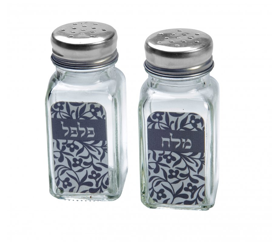Dorit Judaica Glass Salt and Pepper Shaker Set Hebrew - Gray Floral Design