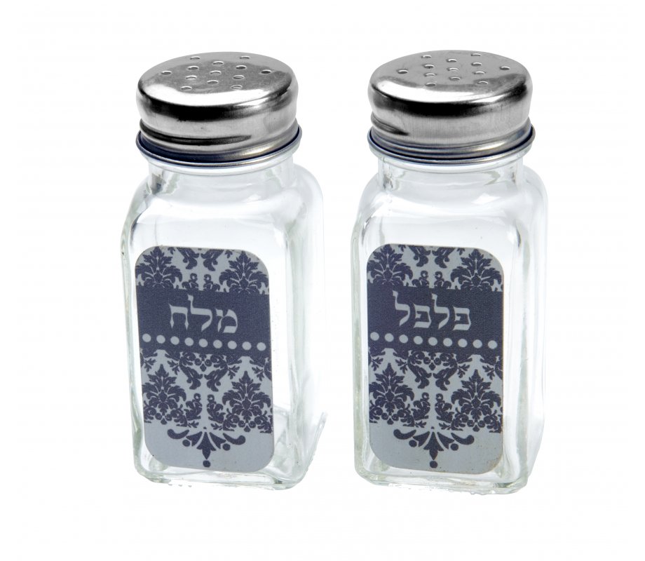Dorit Judaica Glass Salt and Pepper Shaker Set Hebrew - Oriental Gray Print