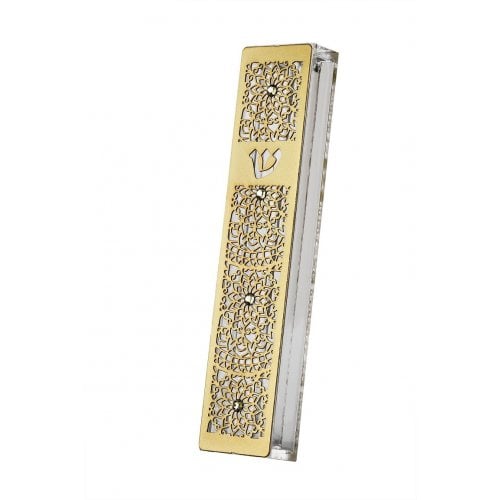 Dorit Judaica Gold Stainless Steel Acrylic Mezuzah Case, Crystals - Mandala