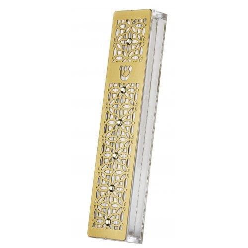 Dorit Judaica Gold Stainless Steel Acrylic Mezuzah Case, Crystals - Petal Design