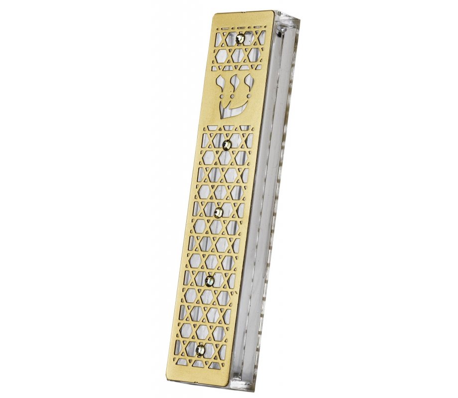 Dorit Judaica Gold Stainless Steel Mezuzah Case, Crystals - Stars of David