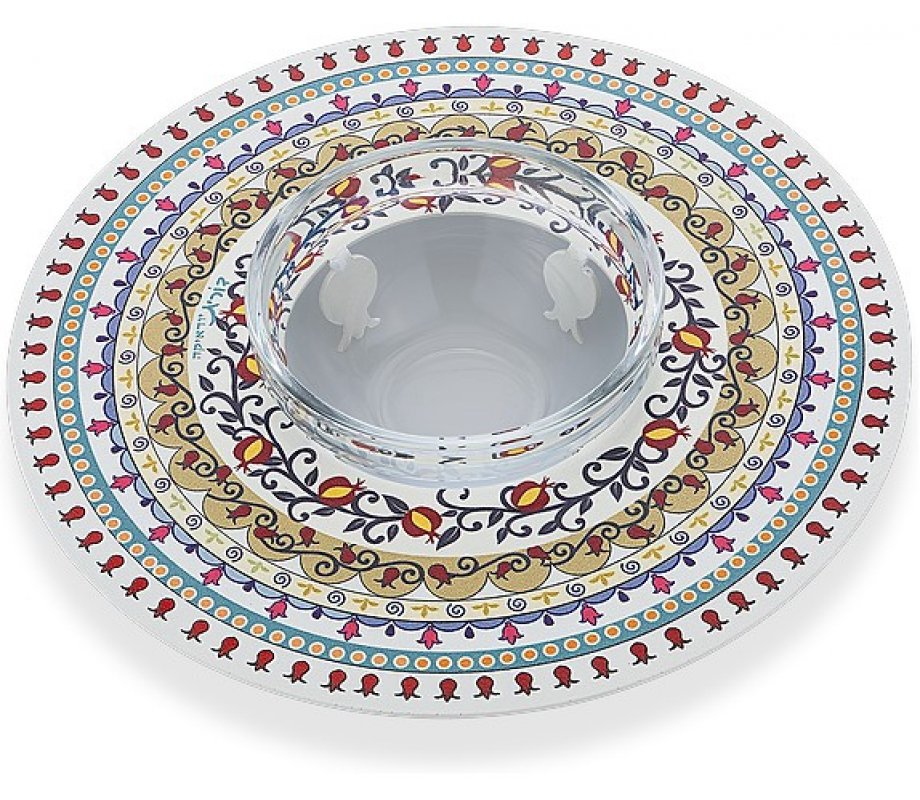 Dorit Judaica Honey Dish, Glass Bowl - Laser Cut Metal Pomegranate Mandala Design