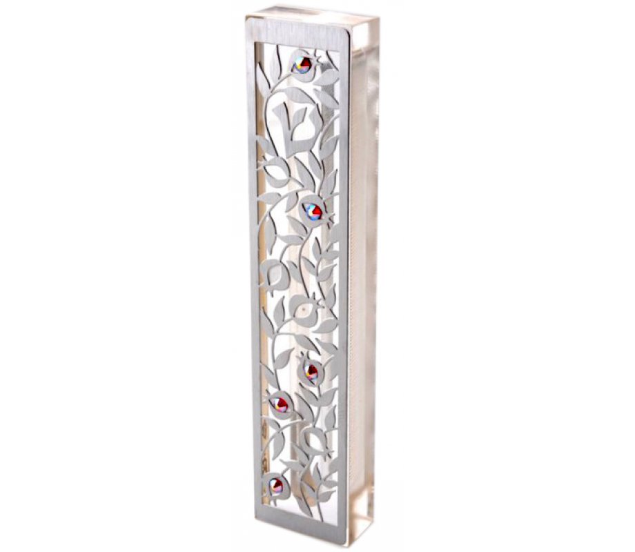 Dorit Judaica Laser Cut Steel Mezuzah Case Pomegranates - Swarovski Stones