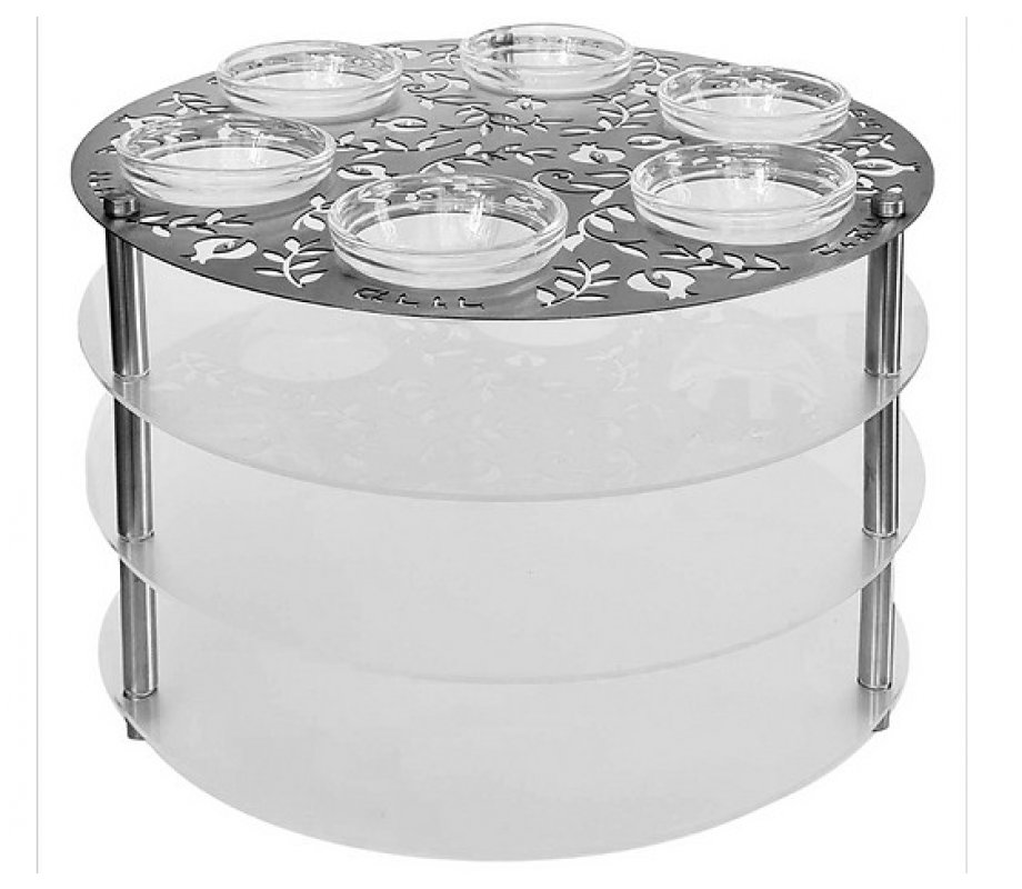 Dorit Judaica Laser Cut Three Tier Seder Plate with Cutout Pomegranates and Glass Bowls