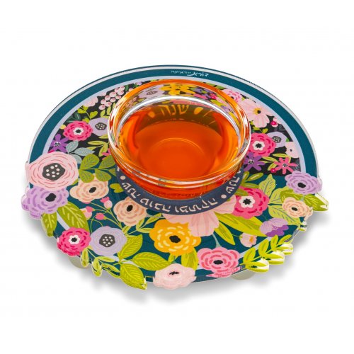 Dorit Judaica Lucite Honey Dish  Colorful Flowers and Shanah Tovah Umetukah