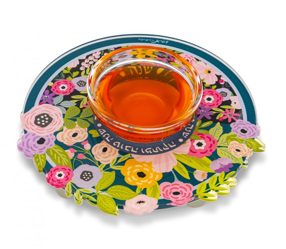 Dorit Judaica Lucite Honey Dish – Colorful Flowers and Shanah Tovah U’metukah