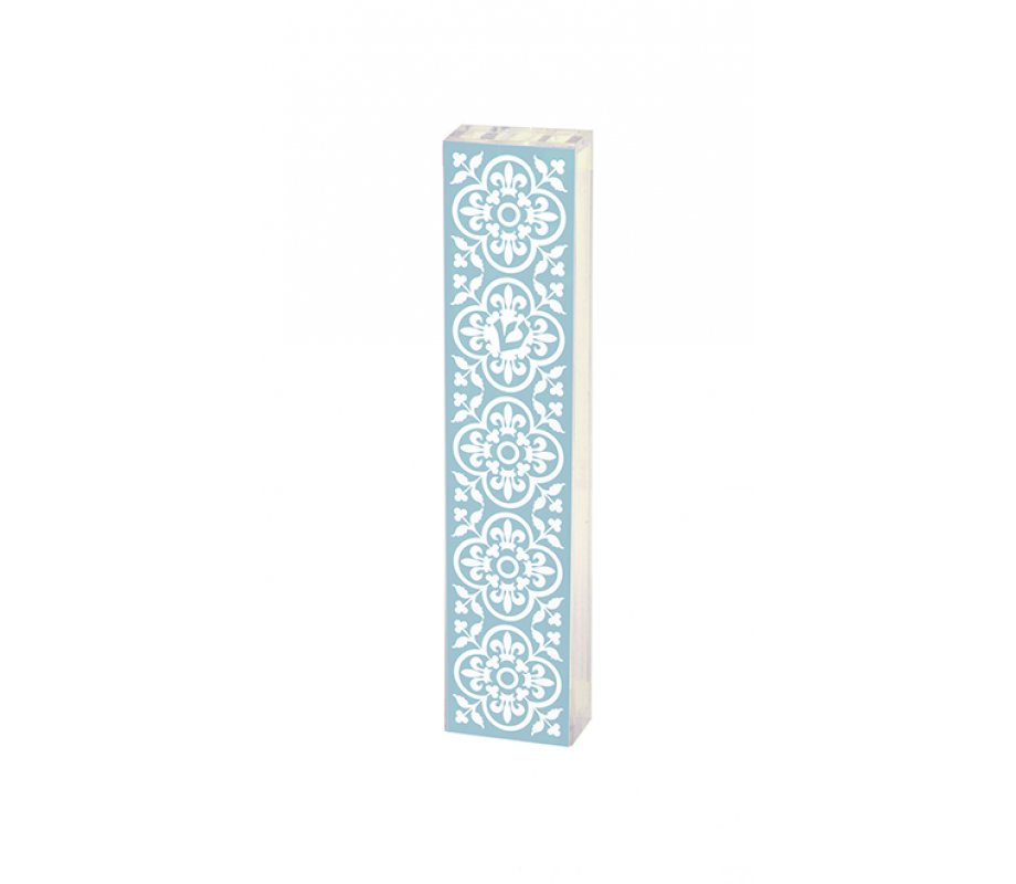Dorit Judaica Lucite Mezuzah Case, Fleur De Lys in Frames - Blue and White