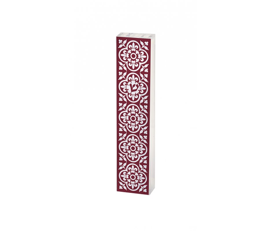 Dorit Judaica Lucite Mezuzah Case Framed Fleur De Lys Design - Red and White