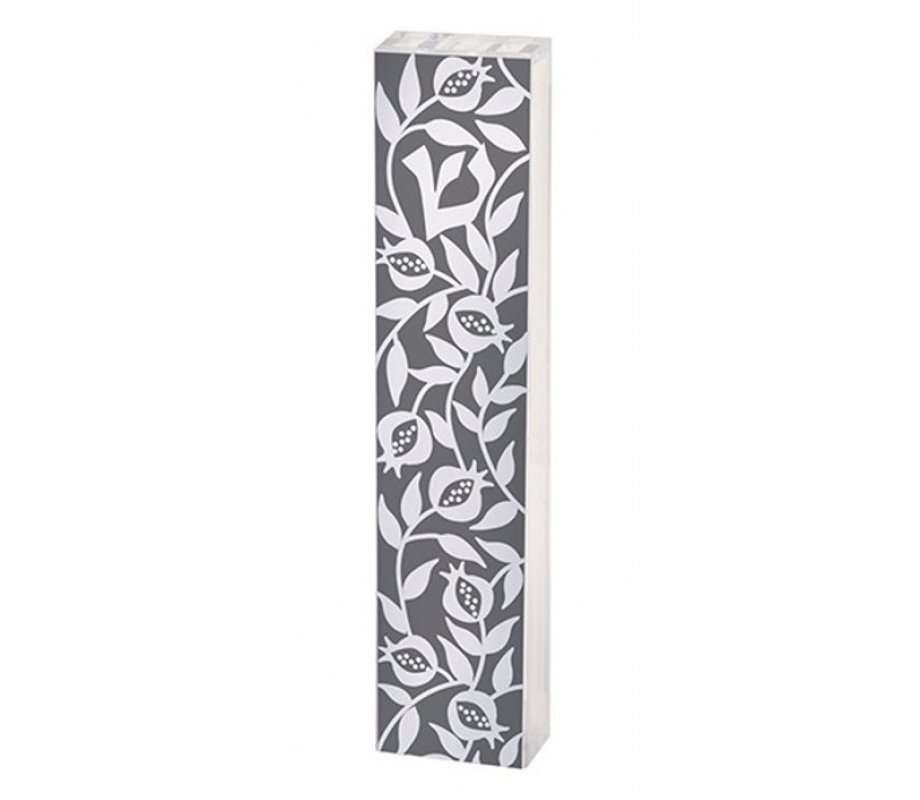 Dorit Judaica Lucite Mezuzah Case, Pomegranate Design - Gray and White