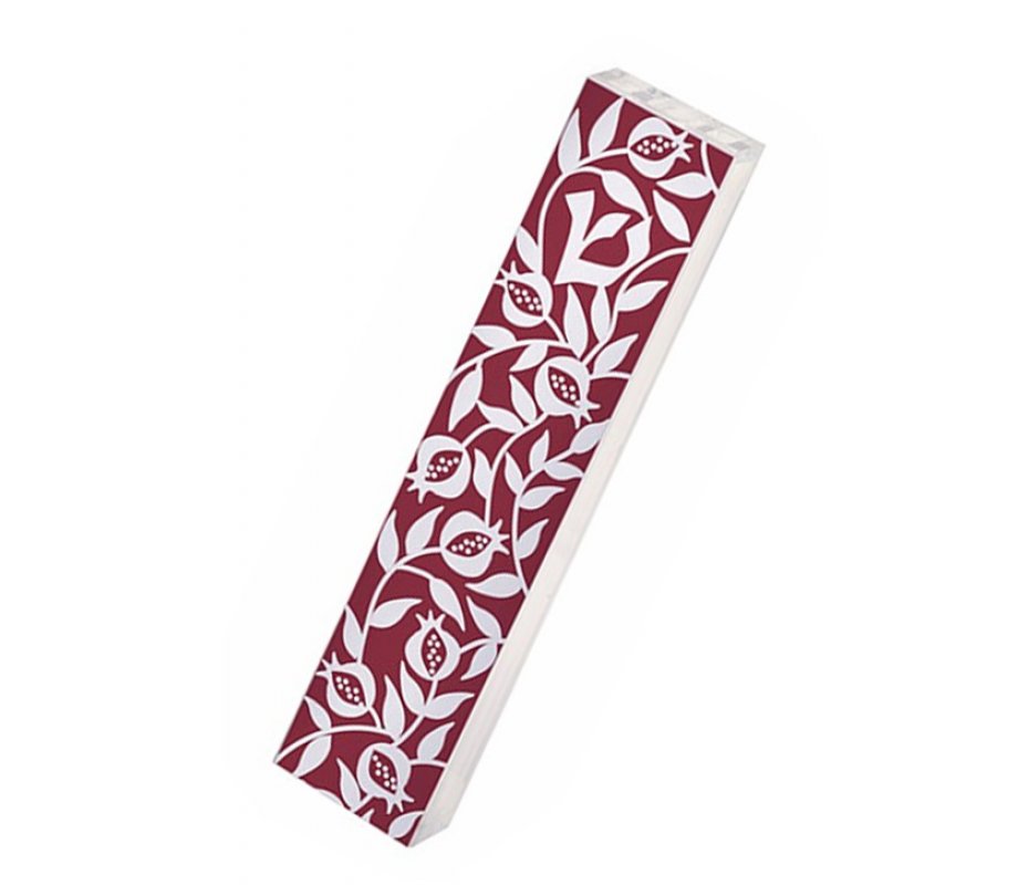 Dorit Judaica Lucite Mezuzah Case, Repeating Pomegranates - Red and White