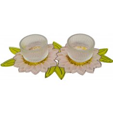 Dorit Judaica Lucite Shabbat Candlesticks, Small - Pink and Green Chrysanthemum