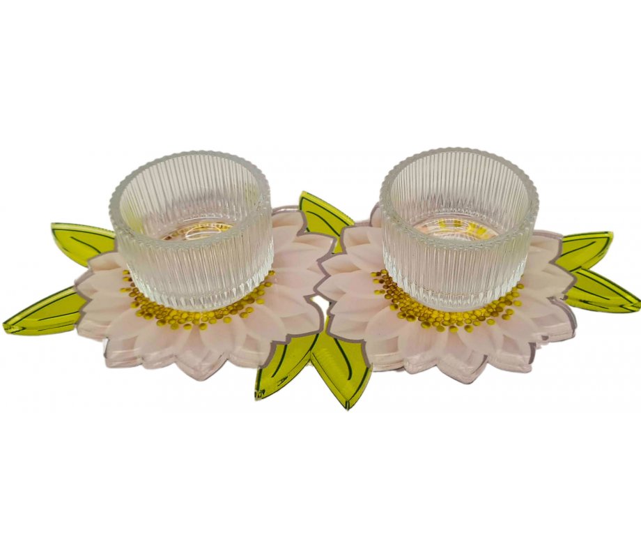 Dorit Judaica Lucite Shabbat Candlesticks, Small - Pink and Green Chrysanthemum