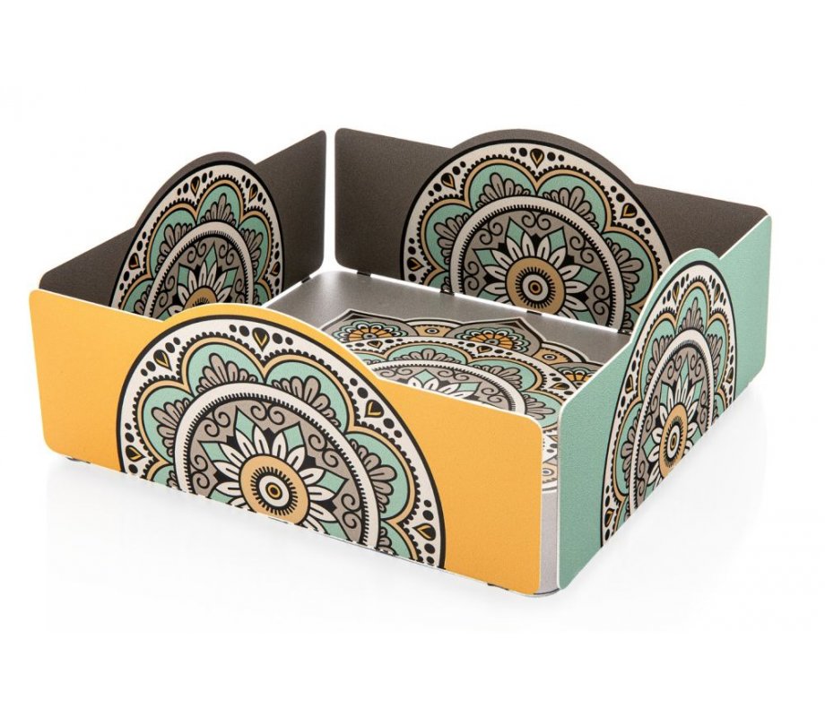 Dorit Judaica Matzah Tray with Mandala Design - Turquoise and Mustard