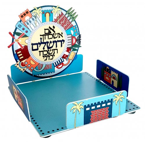Dorit Judaica Memo Stand - Colorful Jerusalem Images and Psalm Verse