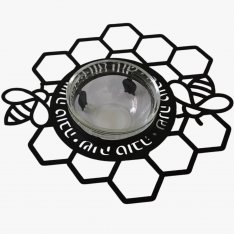 Dorit Judaica Metal Honey Dish, Glass Bowl - Black Honeycomb with Bees