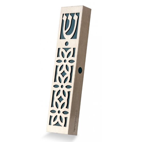 Dorit Judaica Mezuzah Case Stainless Steel, Cutout Flower Design - Dark Green