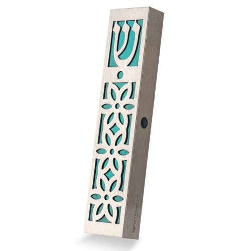 Dorit Judaica Mezuzah Case Stainless Steel, Cutout Flower Design - Turquoise