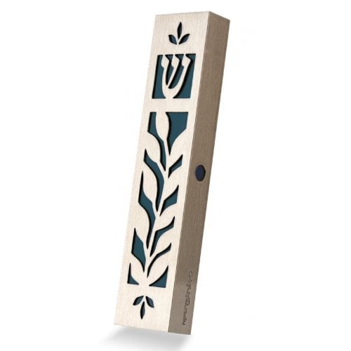 Dorit Judaica Mezuzah Case Stainless Steel, Cutout Leaf Design – Dark Green