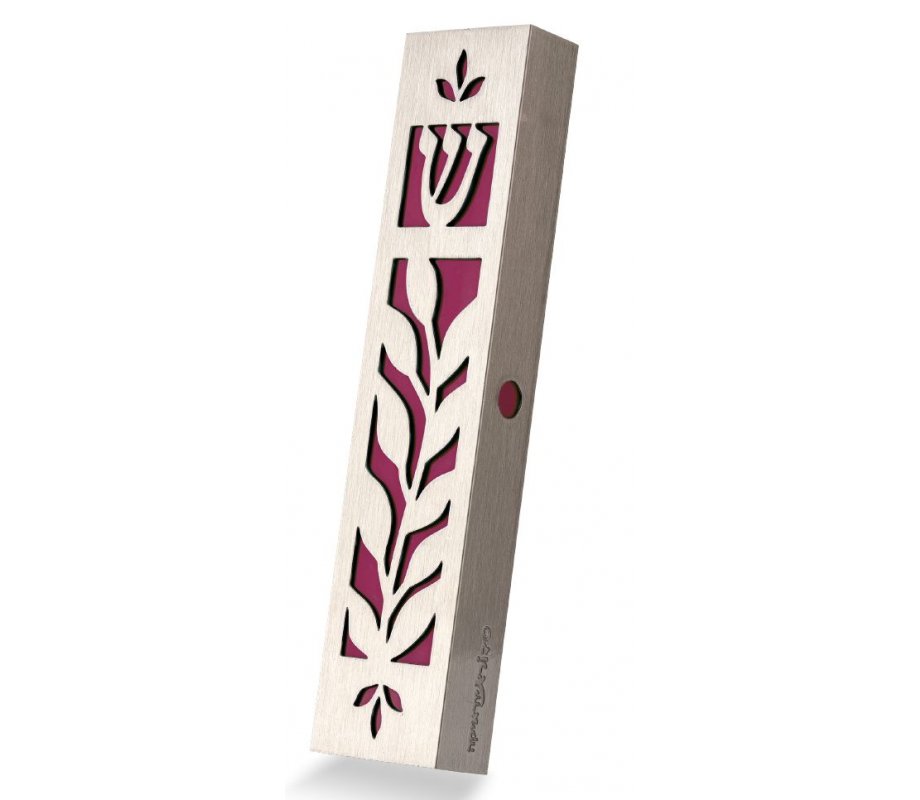 Dorit Judaica Mezuzah Case Stainless Steel, Cutout Leaf Design – Maroon