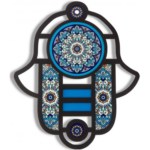 Dorit Judaica Modern Hamsa in Stained Glass Art Style  Floral Design in Blue