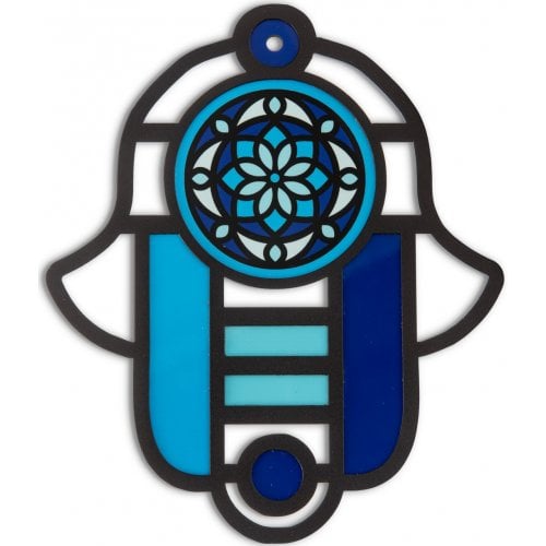 Dorit Judaica Modern Wall Hamsa in Stained Glass Art, Floral Eye  Blue Shades