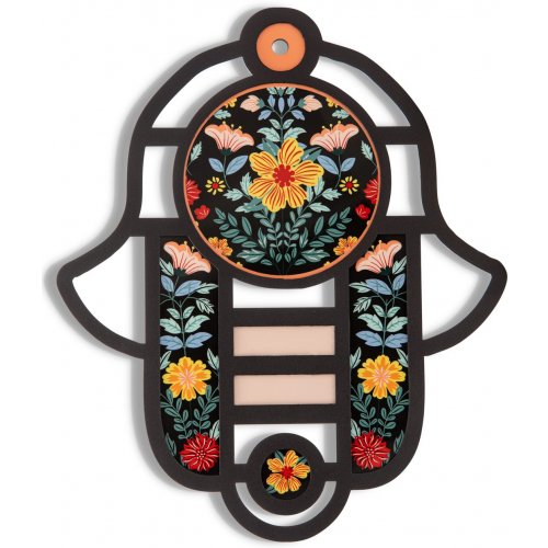 Dorit Judaica Modern Wall Hamsa in Stained Glass Art Style - Colorful Flowers