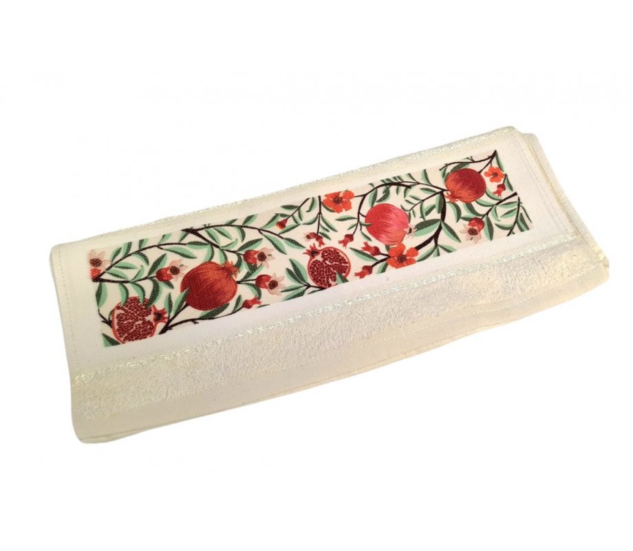 Dorit Judaica, Netilat Yadayim Hand Towel - Red and Green Leafy Pomegranates