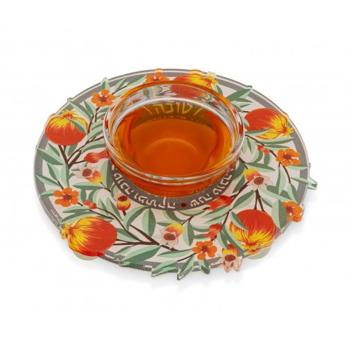 Dorit Judaica Raised Lucite Honey Dish, Glass Bowl - Pomegranates