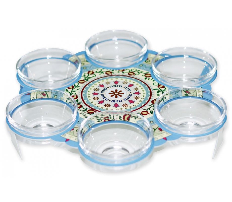Dorit Judaica Rosh Hashanah Special Foods Dish - Blue and Red Pomegranate Design