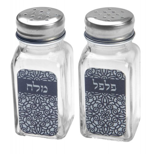 Dorit Judaica Salt and Pepper Shaker Set Hebrew - Blue Floral Design