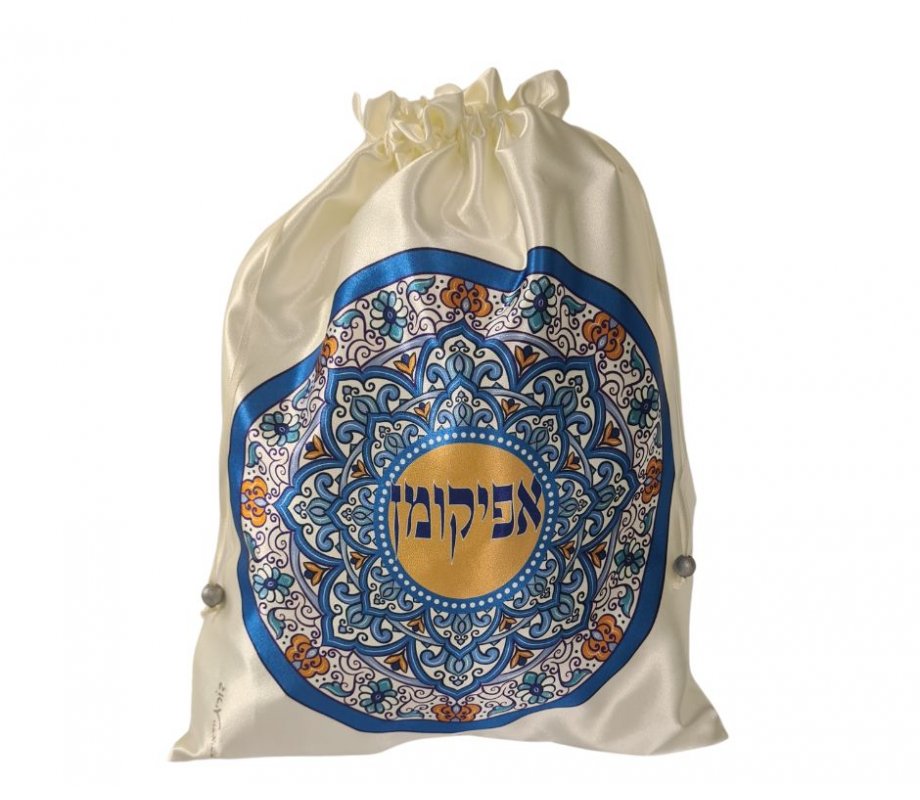 Dorit Judaica Satin Afikoman Bag, Blue Flowers in Armenian Design