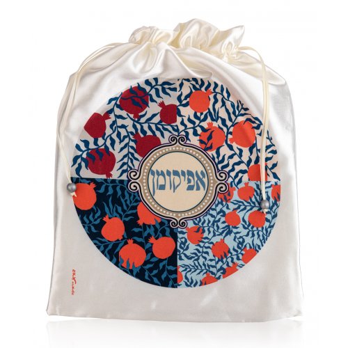 Dorit Judaica Satin Afikoman Bag, Orange and Blue Pomegranates