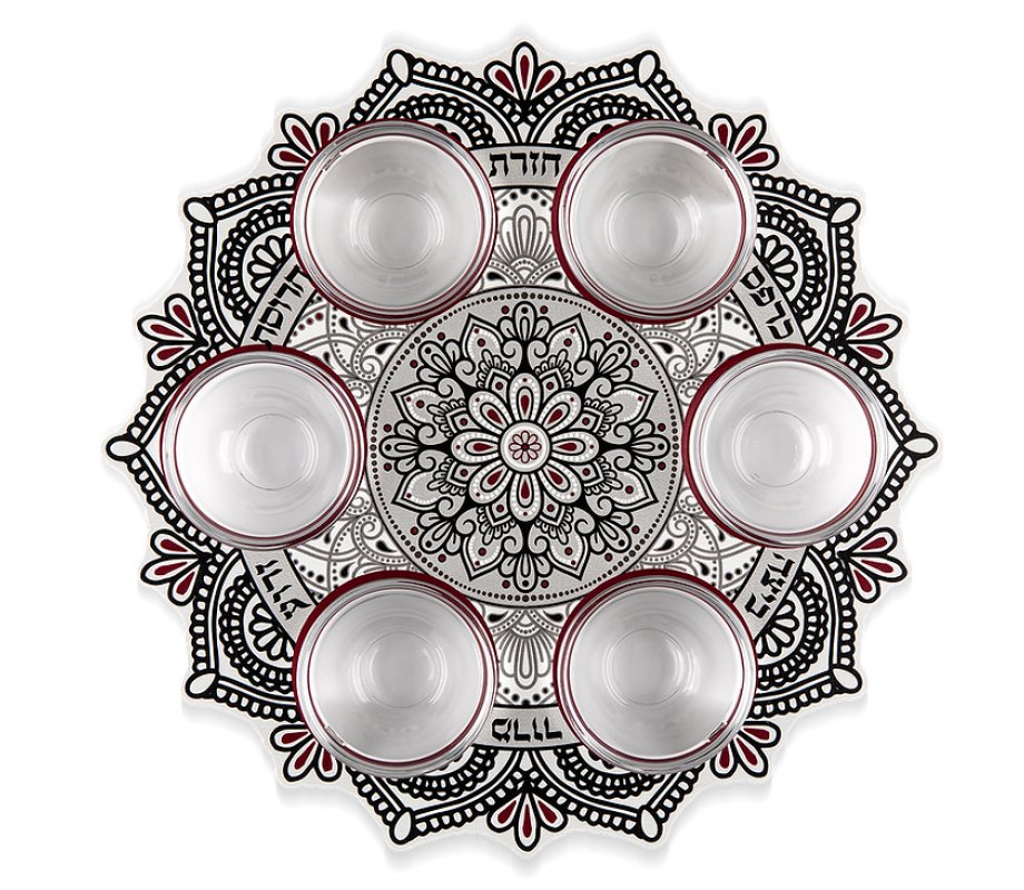 Dorit Judaica Seder Plate Mandala Design - Maroon & Black Colors