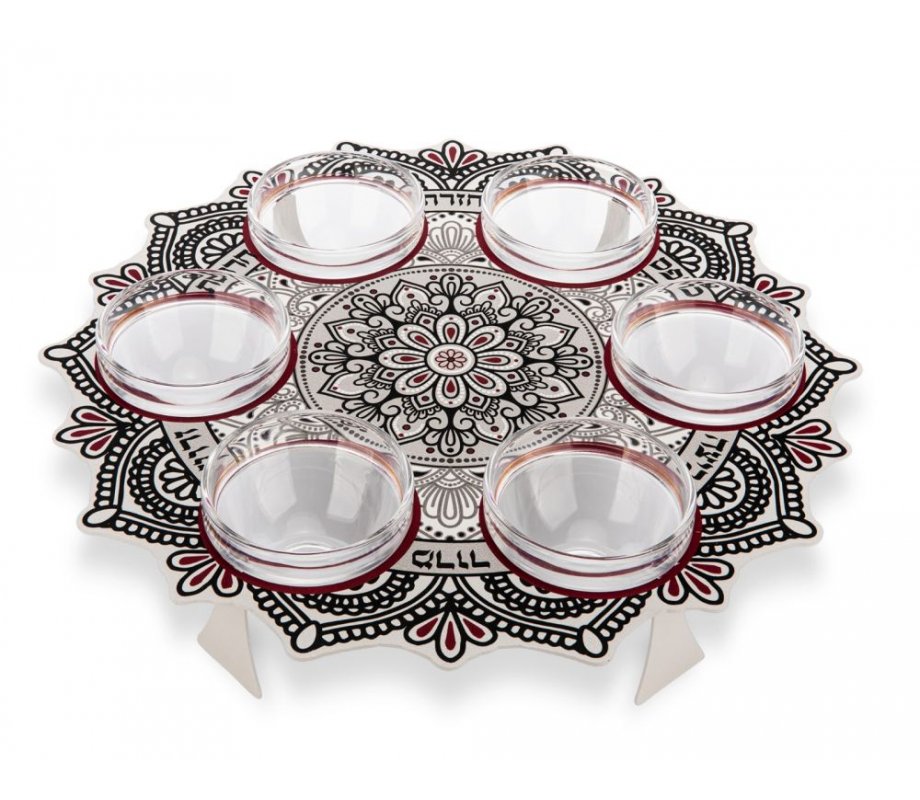 Dorit Judaica Seder Plate Mandala Design - Maroon & Black Colors