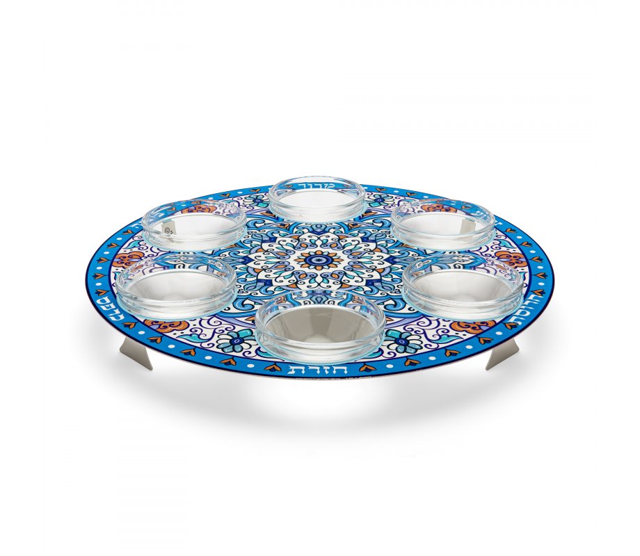 Dorit Judaica Seder Plate, Mandala Design with Glass Bowls - Blue and Orange