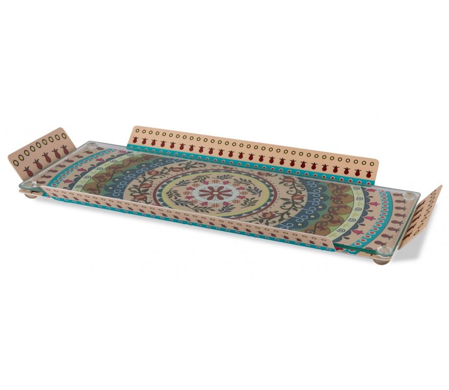 Dorit Judaica Serving Tray with Glass Top - Colorful Pomegranates & Mandala