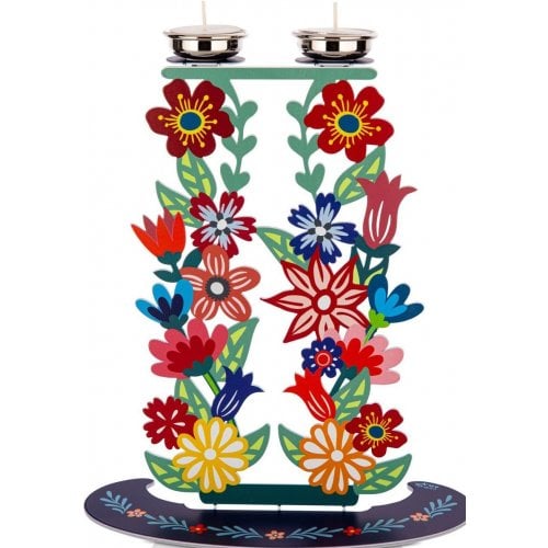 Dorit Judaica Shabbat Candlesticks, Tall Colorful Flowers and Leaves - Metal