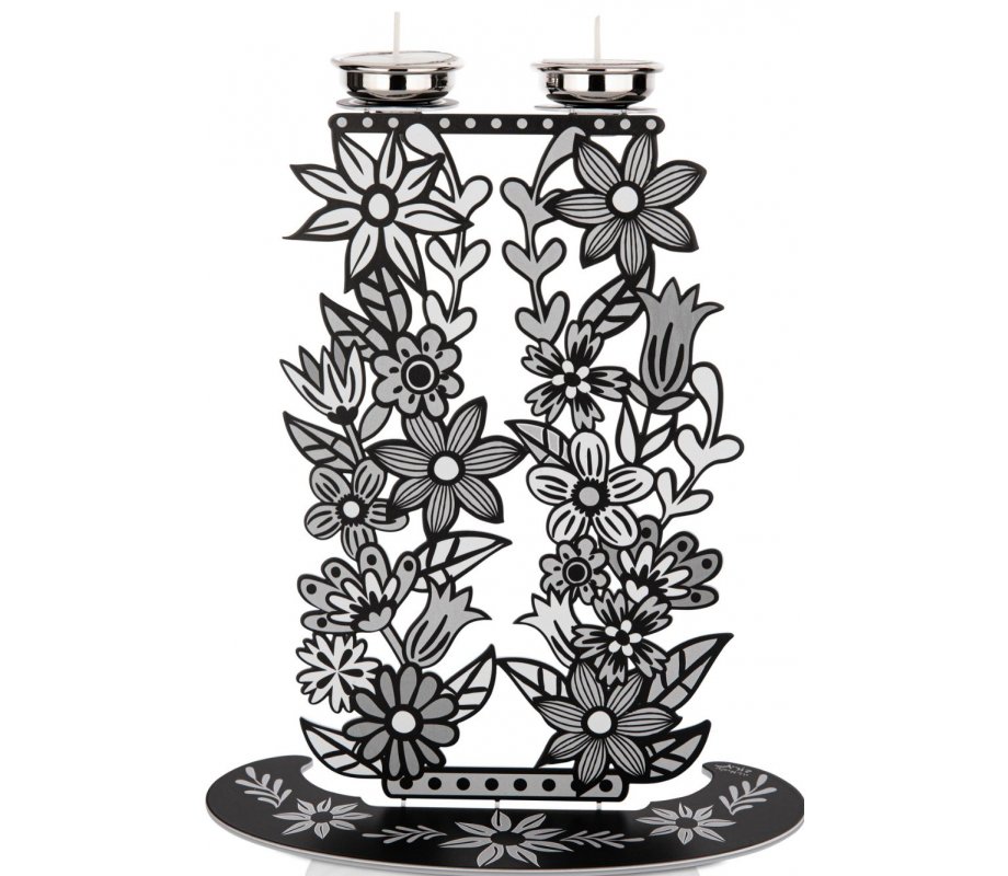 Dorit Judaica Shabbat Candlesticks, Tall Flowers and Leaves - Black, White & Gray
